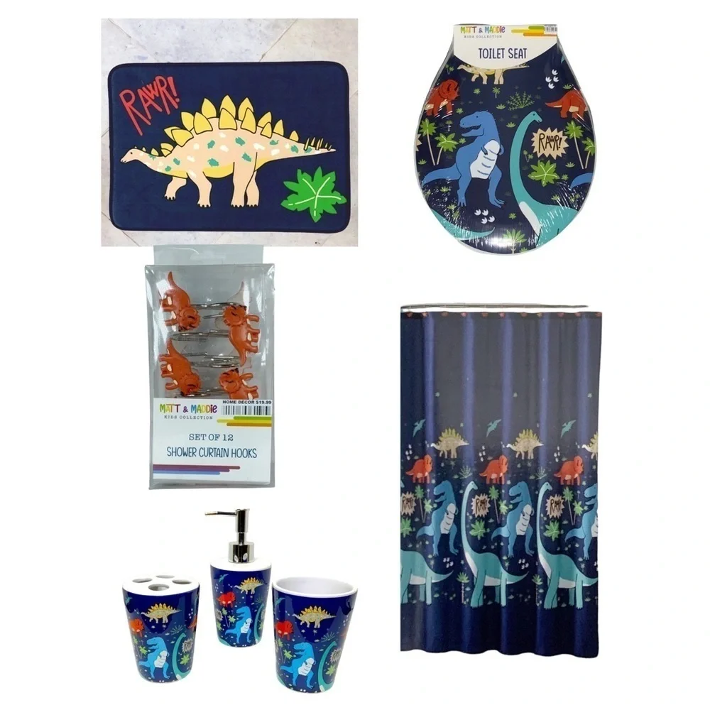 Matt & Maddie Dinosaur Bath Accessories Kids Colorful Ceramics Blue 3 Piece Set